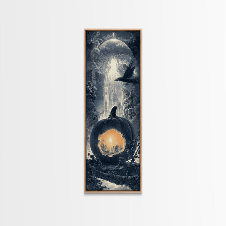 The Moon Inside A Pumpkin, Gothic Engraving Art, Tall Narrow Wall Art, Macabre Wall Art, Framed Canvas Print, Halloween Wall Art