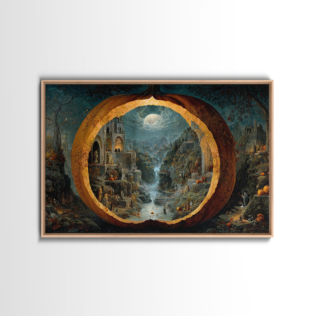 The Moon Inside A Pumpkin, Medieval Grotesque Art, Landscape Wall Art, Macabre Wall Art, Framed Canvas Print, Halloween Wall Art