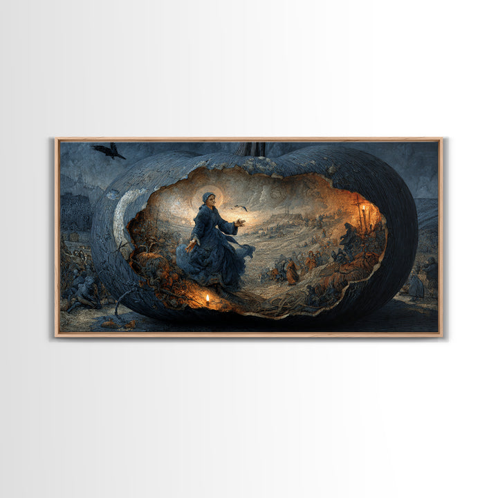 The Moon Inside A Pumpkin, Northern Renaissance Horror, Wide Panoramic Art, Dark Halloween Decor, Framed Canvas Print