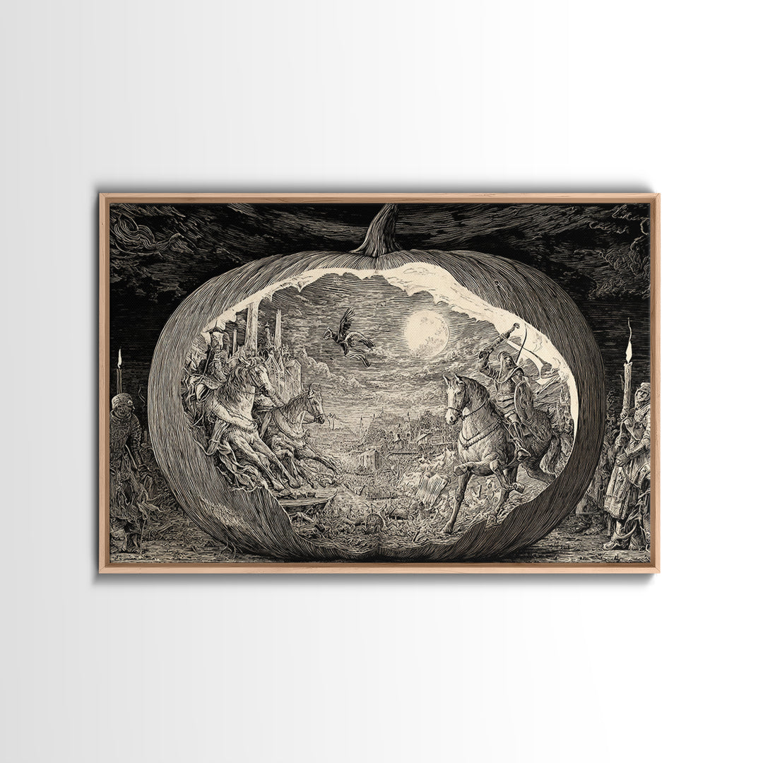 The Moon Inside A Pumpkin, Renaissance Engraving Art, Landscape Wall Art, Macabre Wall Art, Canvas Print, Halloween Wall Art