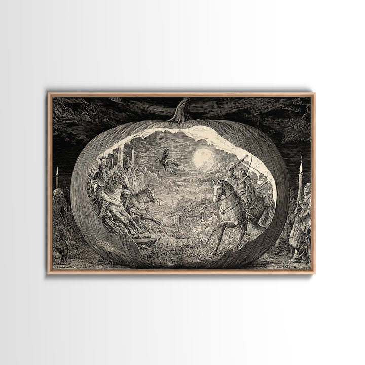 The Moon Inside A Pumpkin, Renaissance Engraving Art, Landscape Wall Art, Macabre Wall Art, Canvas Print, Halloween Wall Art