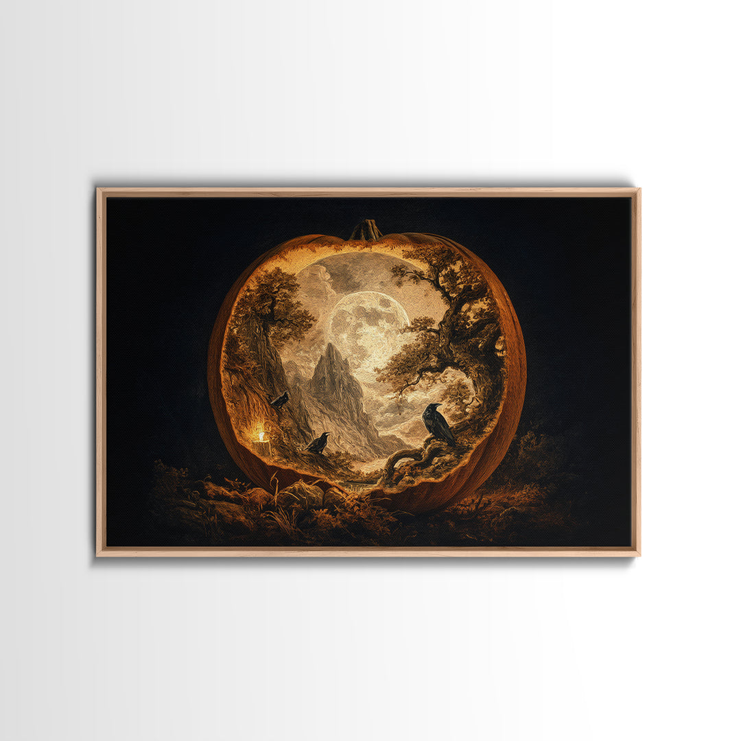 The Moon Inside A Pumpkin, Baroque Witchcraft Art, Landscape Wall Art, Dark Fantasy Wall Art, Framed Canvas Print, Halloween Wall Art