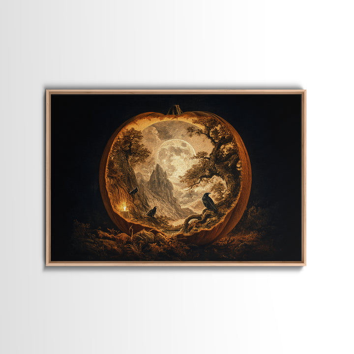The Moon Inside A Pumpkin, Baroque Witchcraft Art, Landscape Wall Art, Dark Fantasy Wall Art, Framed Canvas Print, Halloween Wall Art