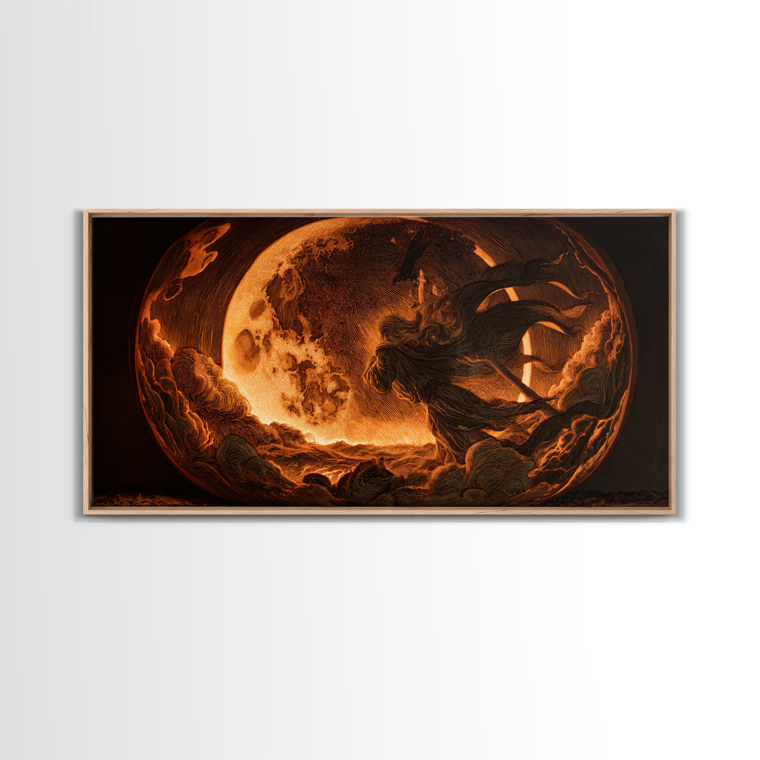 The Moon Inside A Pumpkin, Visionary Gothic Art, Wide Panoramic Art, Dark Halloween Decor, Framed Canvas Print, Halloween Wall Art