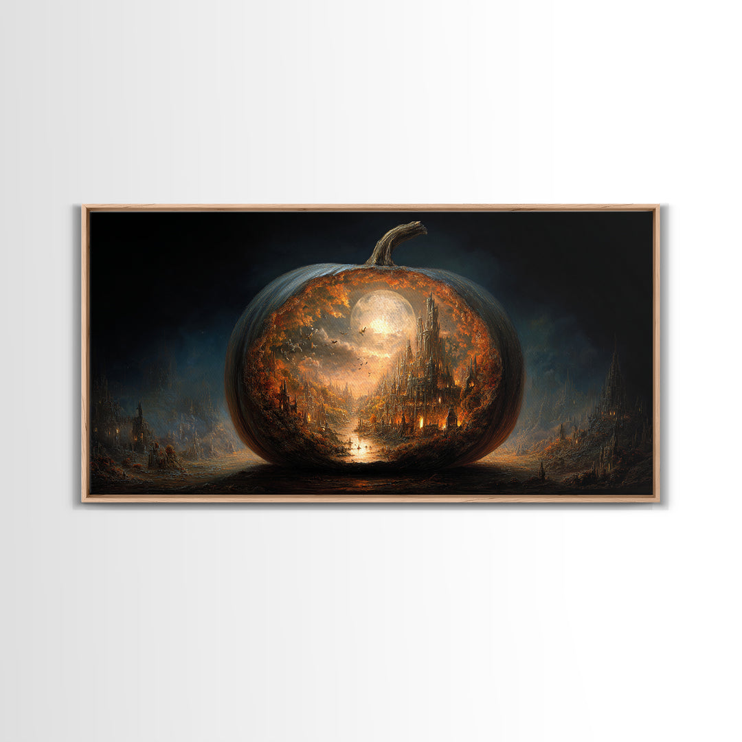 The Moon Inside A Pumpkin, Apocalyptic Romantic Art, Wide Panoramic Art, Gothic Horror Wall Art, Framed Canvas Print, Halloween Wall Art