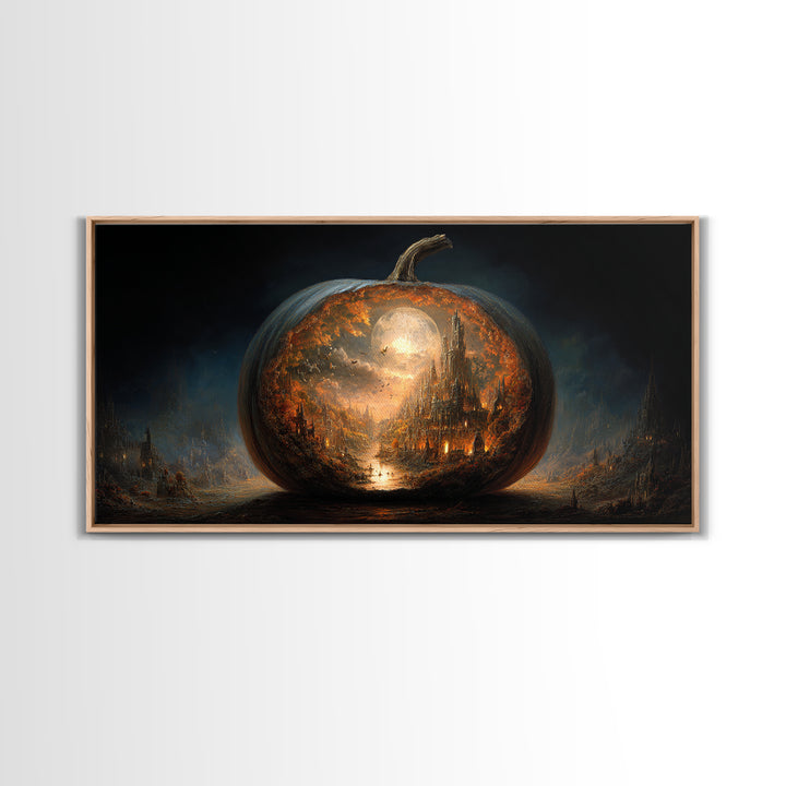 The Moon Inside A Pumpkin, Apocalyptic Romantic Art, Wide Panoramic Art, Gothic Horror Wall Art, Framed Canvas Print, Halloween Wall Art