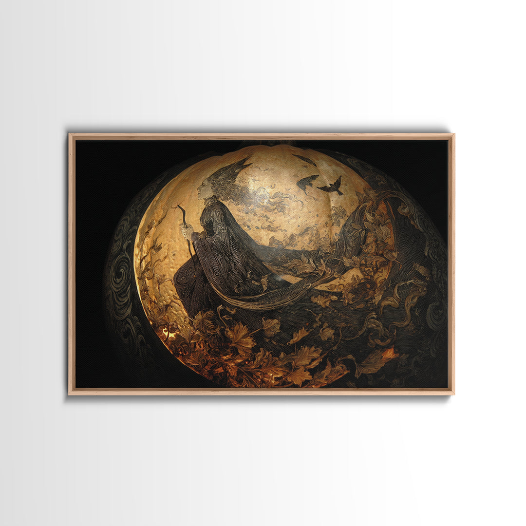 The Moon Inside A Pumpkin, Ornate Symbolist Art, Landscape Wall Art, Dark Halloween Decor, Framed Canvas Print, Halloween Wall Art