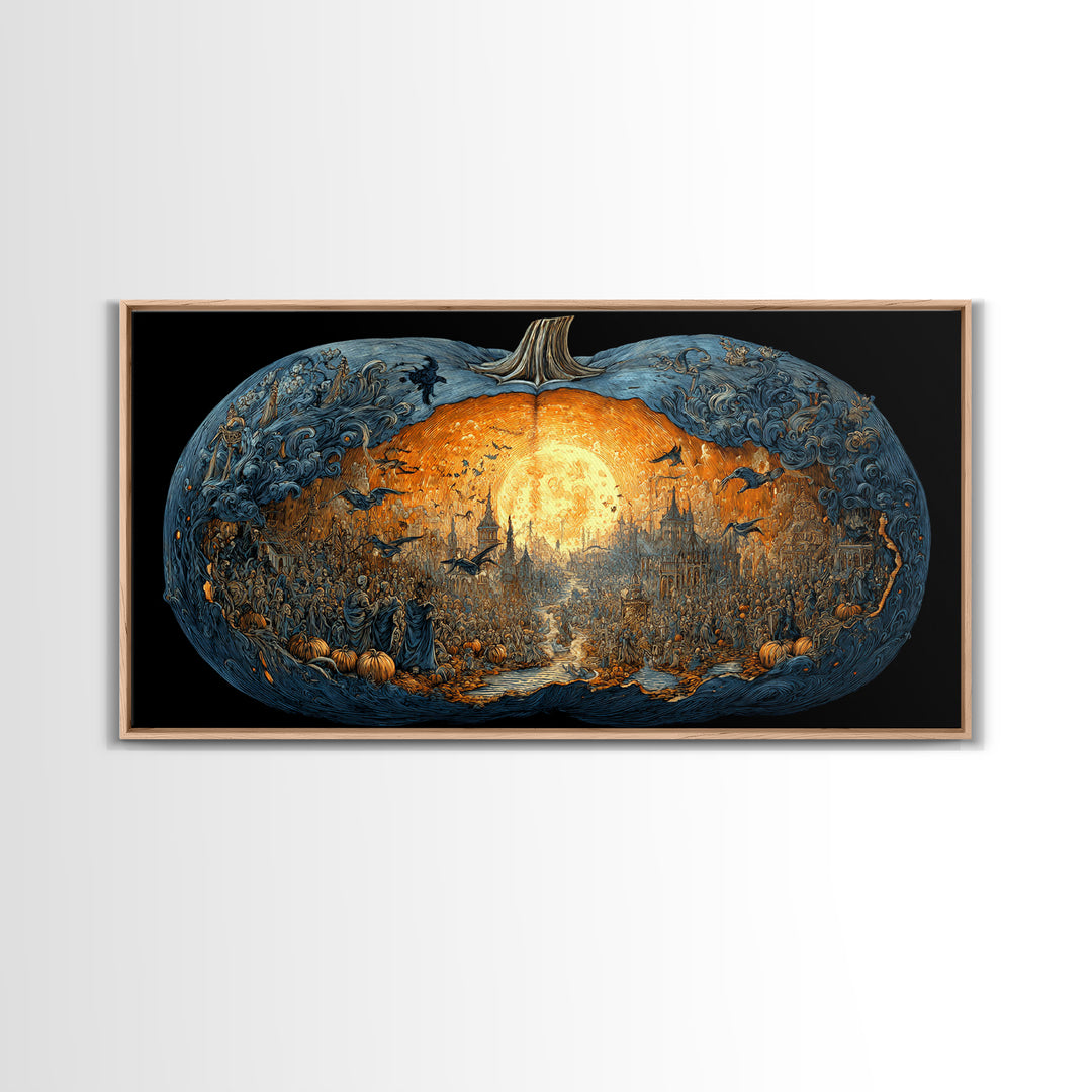 The Moon Inside A Pumpkin, Grotesque Carnival Art, Wide Panoramic Art, Dark Halloween Decor, Framed Canvas Print, Halloween Wall Art