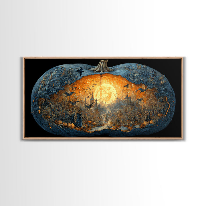 The Moon Inside A Pumpkin, Grotesque Carnival Art, Wide Panoramic Art, Dark Halloween Decor, Framed Canvas Print, Halloween Wall Art