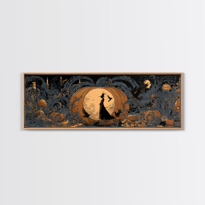 The Moon Inside A Pumpkin, Decadent Line Art, Extra Wide Wall Art, Gothic Horror Wall Art, Canvas Print, Halloween Wall Art
