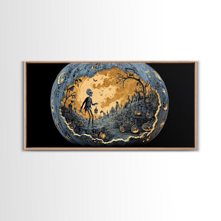The Moon Inside A Pumpkin, Macabre Folk Print Art, Wide Panoramic Art, Macabre Wall Art, Framed Canvas Print, Halloween Wall Art