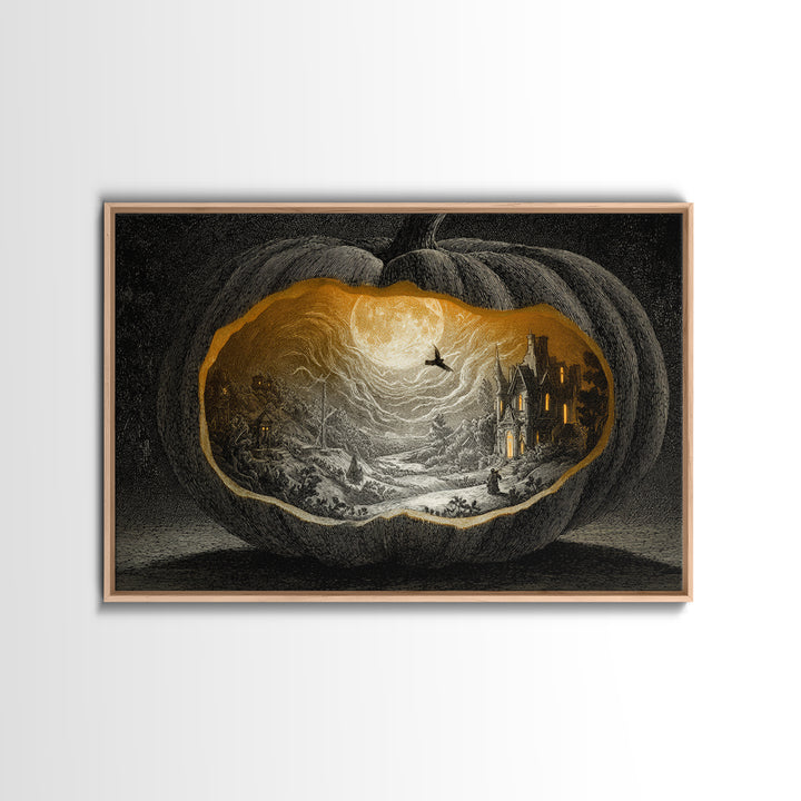 The Moon Inside A Pumpkin, Victorian Macabre Art, Landscape Wall Art, Gothic Horror Wall Art, Framed Canvas Print, Halloween Wall Art