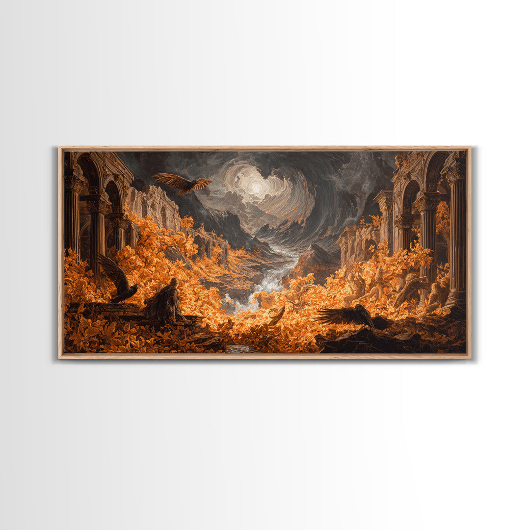 The Autumn-Leaf Ghost, Apocalyptic Romantic Art, Wide Panoramic Art, Macabre Wall Art, Framed Canvas Print, Halloween Wall Art