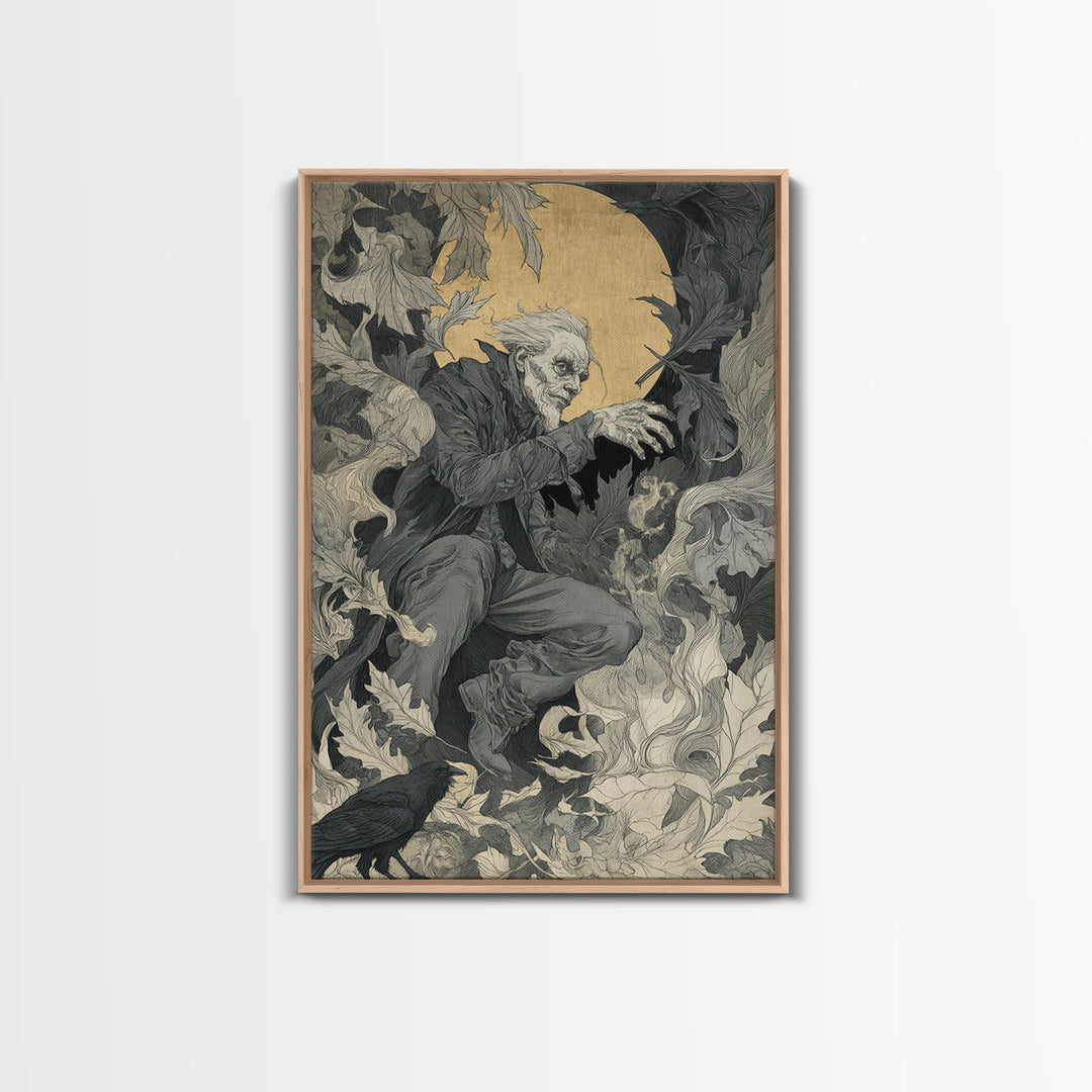 The Autumn-Leaf Ghost, Symbolist Etching Art, Vertical Wall Art, Dark Halloween Decor, Canvas Print, Halloween Wall Art, Horror Wall Art