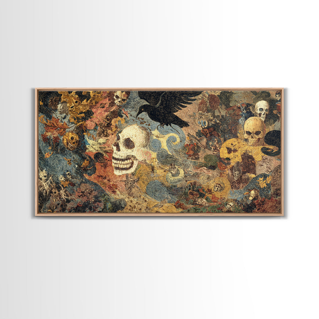 The Autumn-Leaf Ghost, Grotesque Carnival Art, Wide Panoramic Art, Gothic Horror Wall Art, Framed Canvas Print, Halloween Wall Art