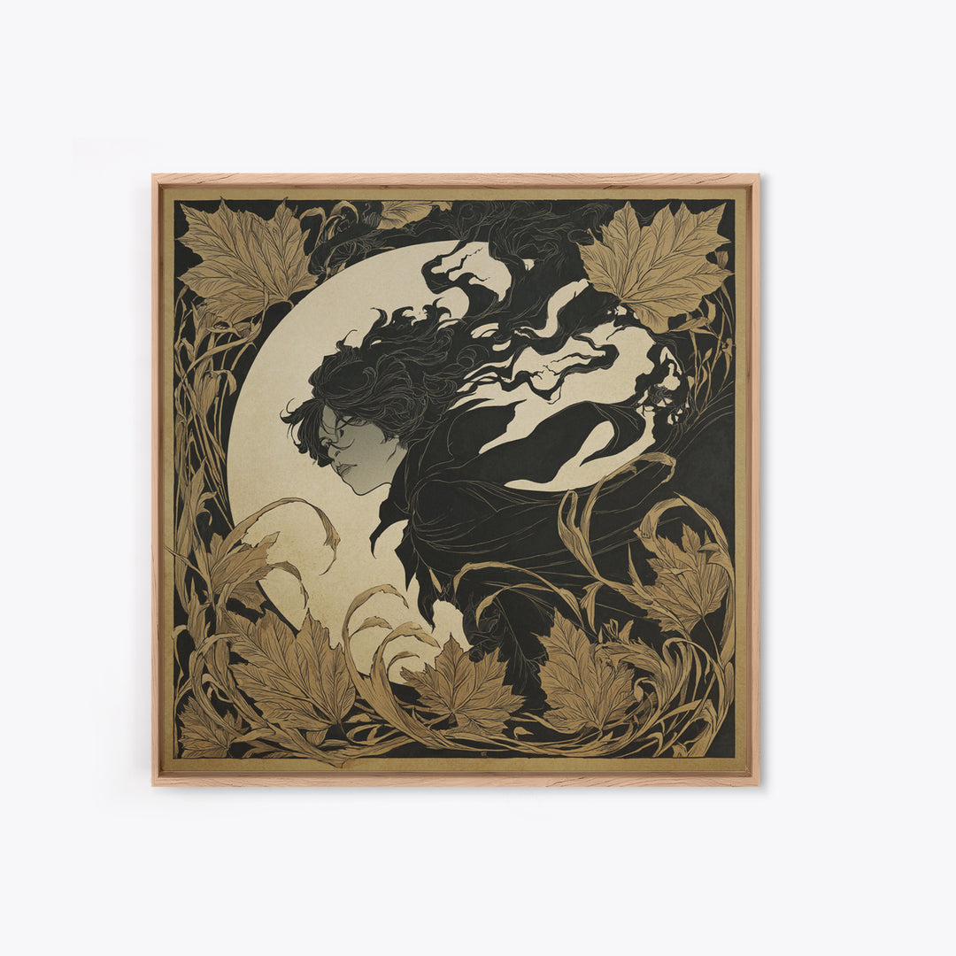 The Autumn-Leaf Ghost, Decadent Line Art, Square Wall Art, Dark Halloween Decor, Framed Canvas Print, Halloween Wall Art