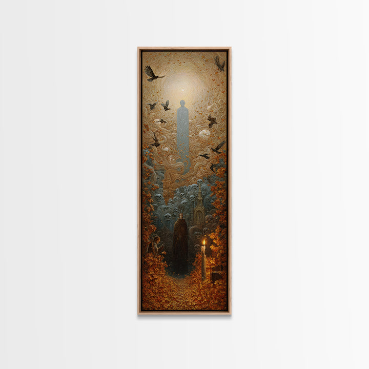 The Autumn-Leaf Ghost, Surreal Apocalyptic Art, Tall Narrow Wall Art, Dark Halloween Decor, Framed Canvas Print, Halloween Wall Art