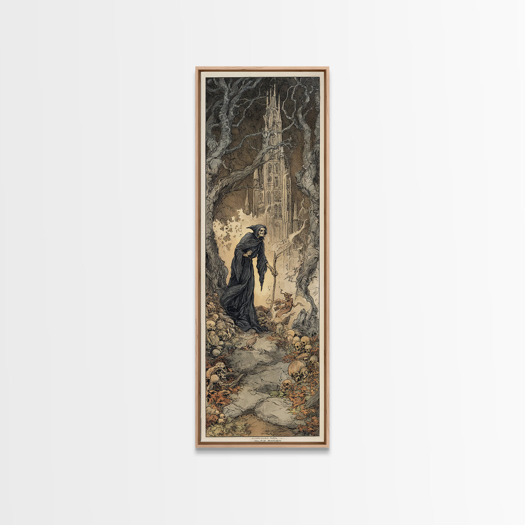The Cathedral Of Bones, Gothic Storybook Art, Tall Narrow Wall Art, Macabre Wall Art, Canvas Print, Halloween Wall Art