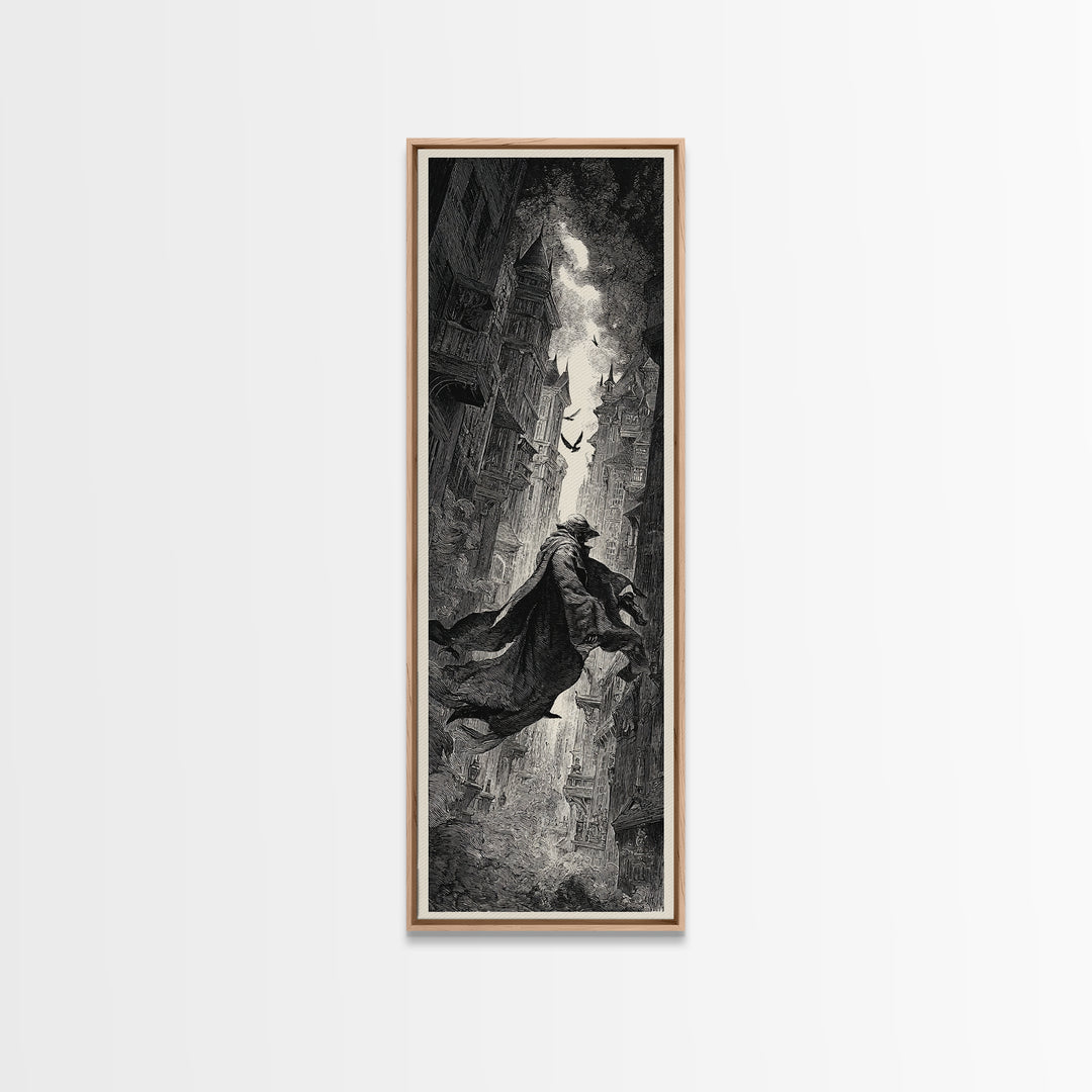 The Town Where Shadows Live, Gothic Engraving Art, Tall Narrow Wall Art, Dark Fantasy Wall Art, Canvas Print, Halloween Wall Art