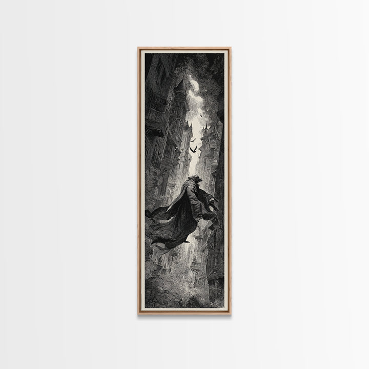 The Town Where Shadows Live, Gothic Engraving Art, Tall Narrow Wall Art, Dark Fantasy Wall Art, Canvas Print, Halloween Wall Art