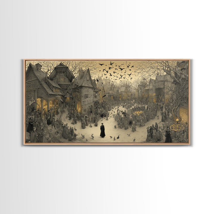 The Town Where Shadows Live, Northern Renaissance Horror, Wide Panoramic Art, Gothic Horror Wall Art, Framed Canvas Print