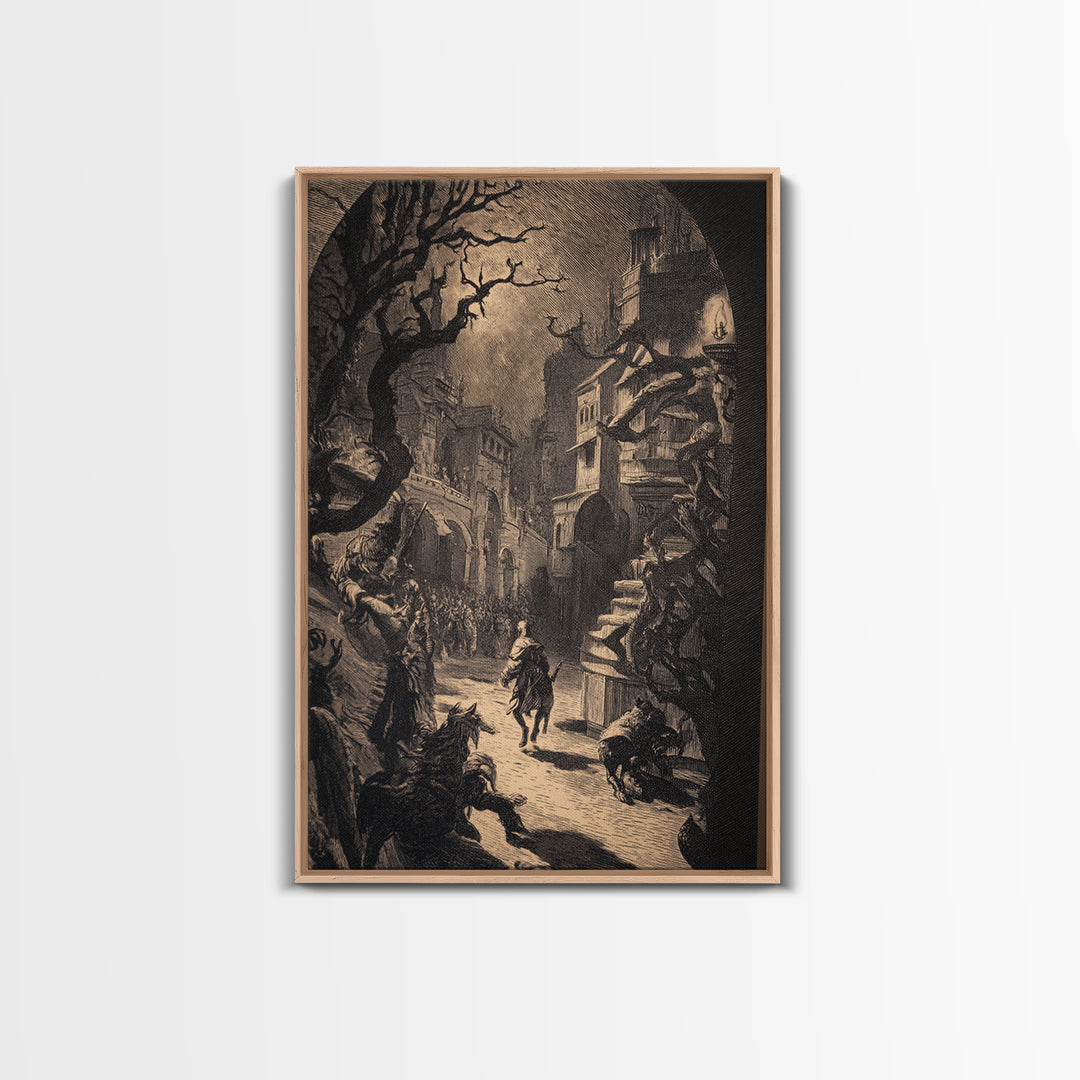 The Town Where Shadows Live, Renaissance Engraving Art, Vertical Wall Art, Dark Fantasy Wall Art, Canvas Print, Halloween Wall Art