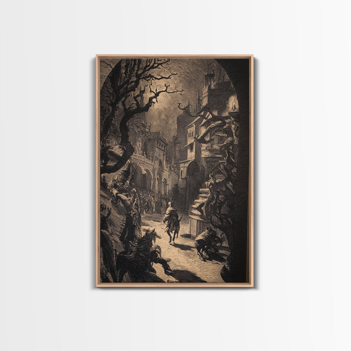 The Town Where Shadows Live, Renaissance Engraving Art, Vertical Wall Art, Dark Fantasy Wall Art, Canvas Print, Halloween Wall Art