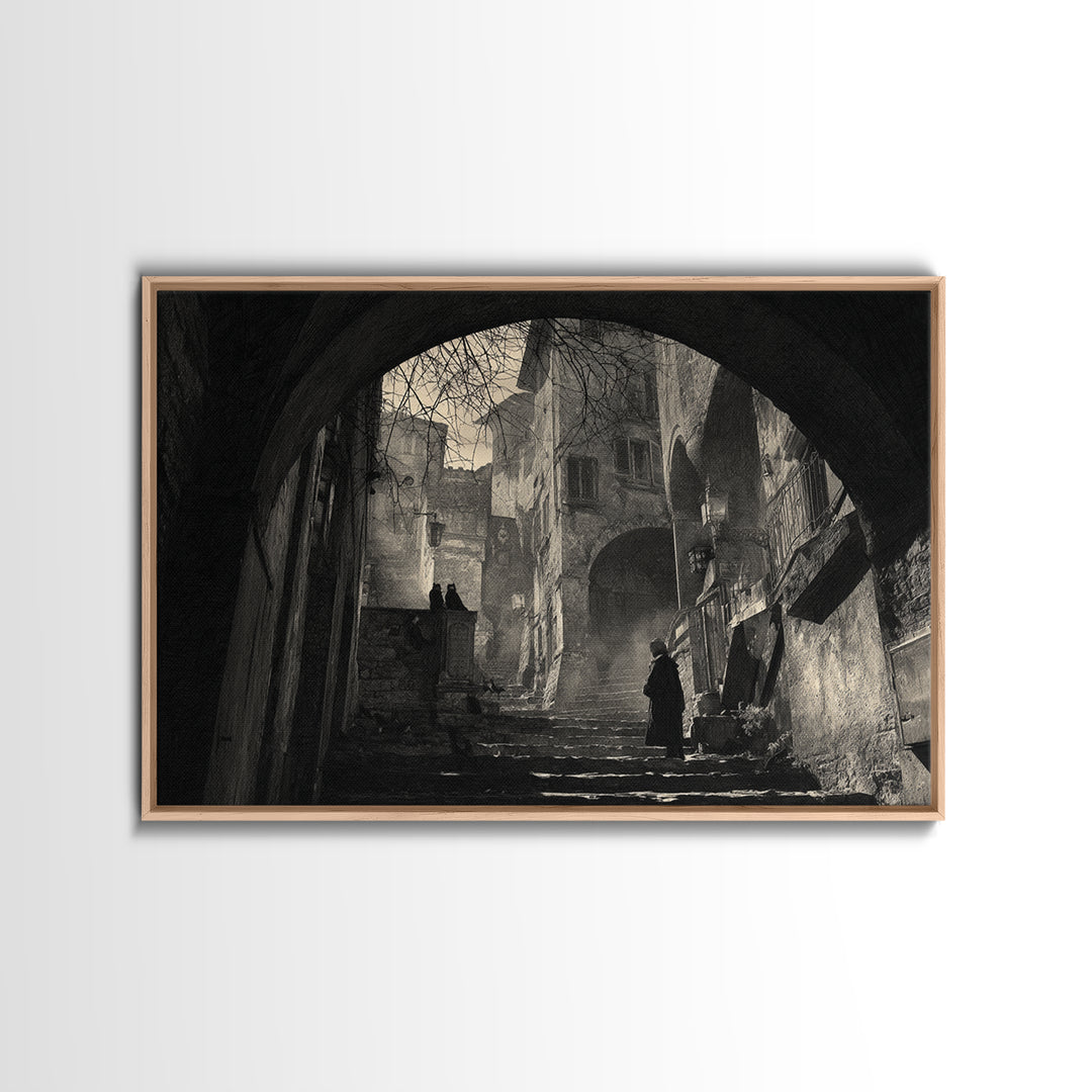 The Town Where Shadows Live, Architectural Etching Art, Landscape Wall Art, Dark Halloween Decor, Canvas Print