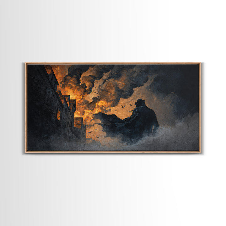 The Town Where Shadows Live, Apocalyptic Romantic Art, Wide Panoramic Art, Macabre Wall Art, Framed Canvas Print, Halloween Wall Art
