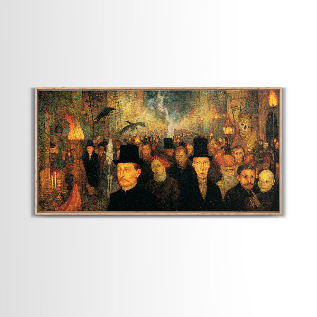 The Town Where Shadows Live, Grotesque Carnival Art, Wide Panoramic Art, Dark Halloween Decor, Canvas Print, Halloween Wall Art
