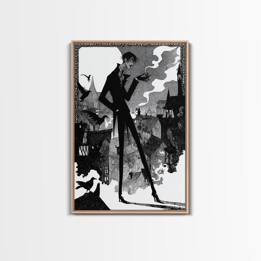 The Town Where Shadows Live, Decadent Line Art, Vertical Wall Art, Dark Halloween Decor, Framed Canvas Print, Halloween Wall Art