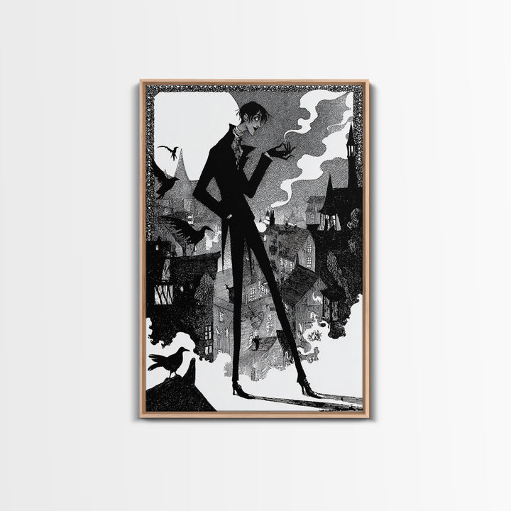 The Town Where Shadows Live, Decadent Line Art, Vertical Wall Art, Dark Halloween Decor, Framed Canvas Print, Halloween Wall Art