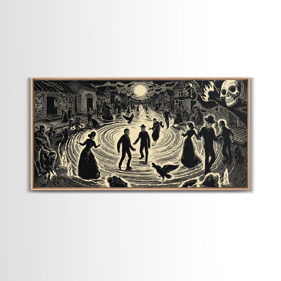 The Town Where Shadows Live, Macabre Folk Print Art, Wide Panoramic Art, Dark Fantasy Wall Art, Canvas Print, Halloween Wall Art
