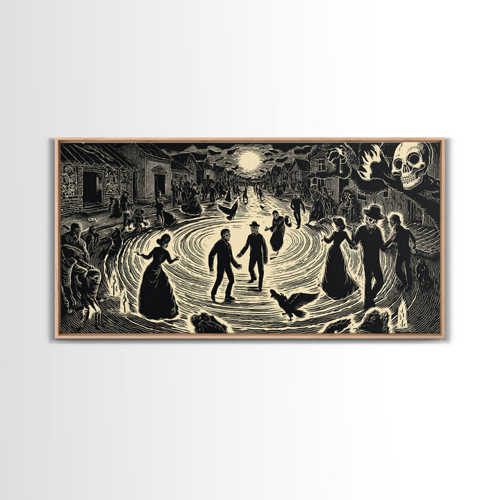 The Town Where Shadows Live, Macabre Folk Print Art, Wide Panoramic Art, Dark Fantasy Wall Art, Canvas Print, Halloween Wall Art