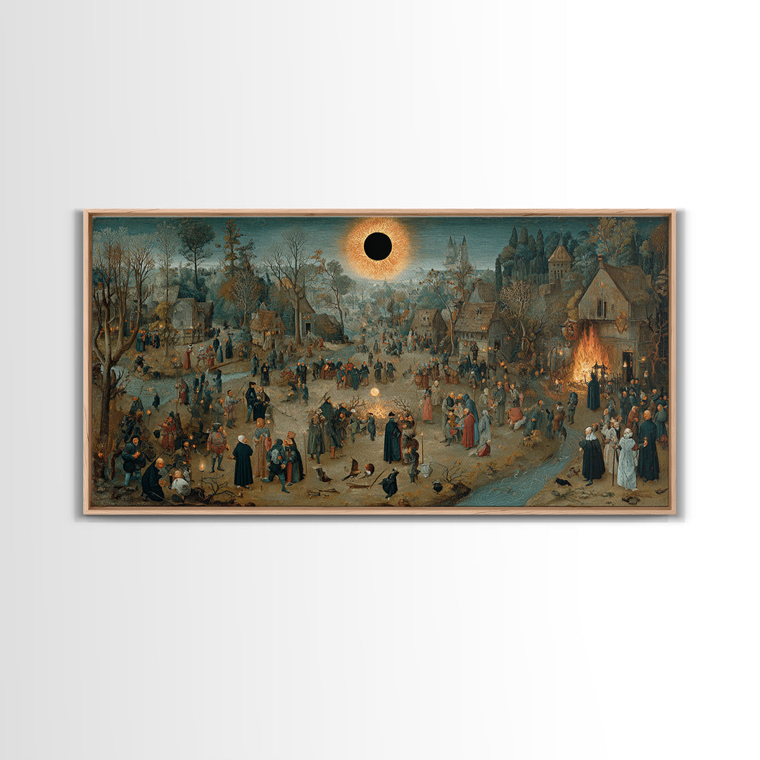 The Eclipse Summoning, Northern Renaissance Horror, Wide Panoramic Art, Dark Halloween Decor, Framed Canvas Print