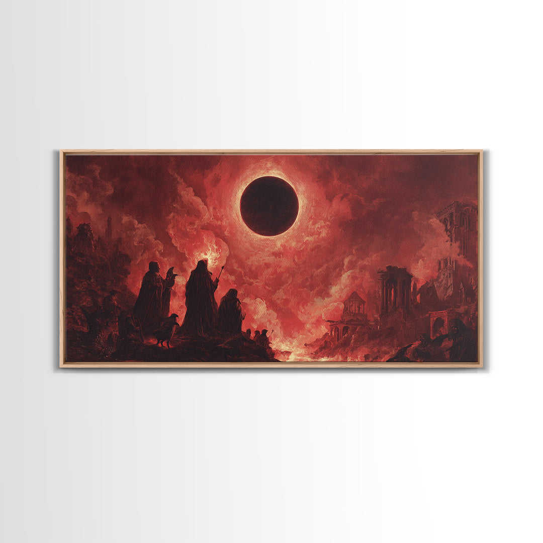 The Eclipse Summoning, Apocalyptic Romantic Art, Wide Panoramic Art, Dark Fantasy Wall Art, Framed Canvas Print, Halloween Wall Art