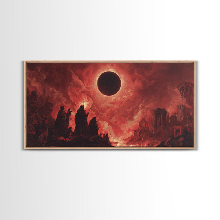 The Eclipse Summoning, Apocalyptic Romantic Art, Wide Panoramic Art, Dark Fantasy Wall Art, Framed Canvas Print, Halloween Wall Art