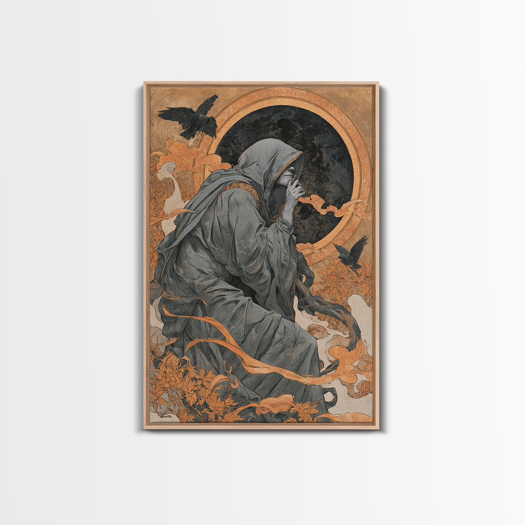 The Eclipse Summoning, Symbolist Death Art, Vertical Wall Art, Dark Fantasy Wall Art, Framed Canvas Print, Halloween Wall Art
