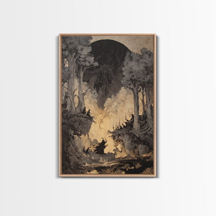 The Eclipse Summoning, Gothic Storybook Art, Vertical Wall Art, Dark Halloween Decor, Framed Canvas Print, Halloween Wall Art