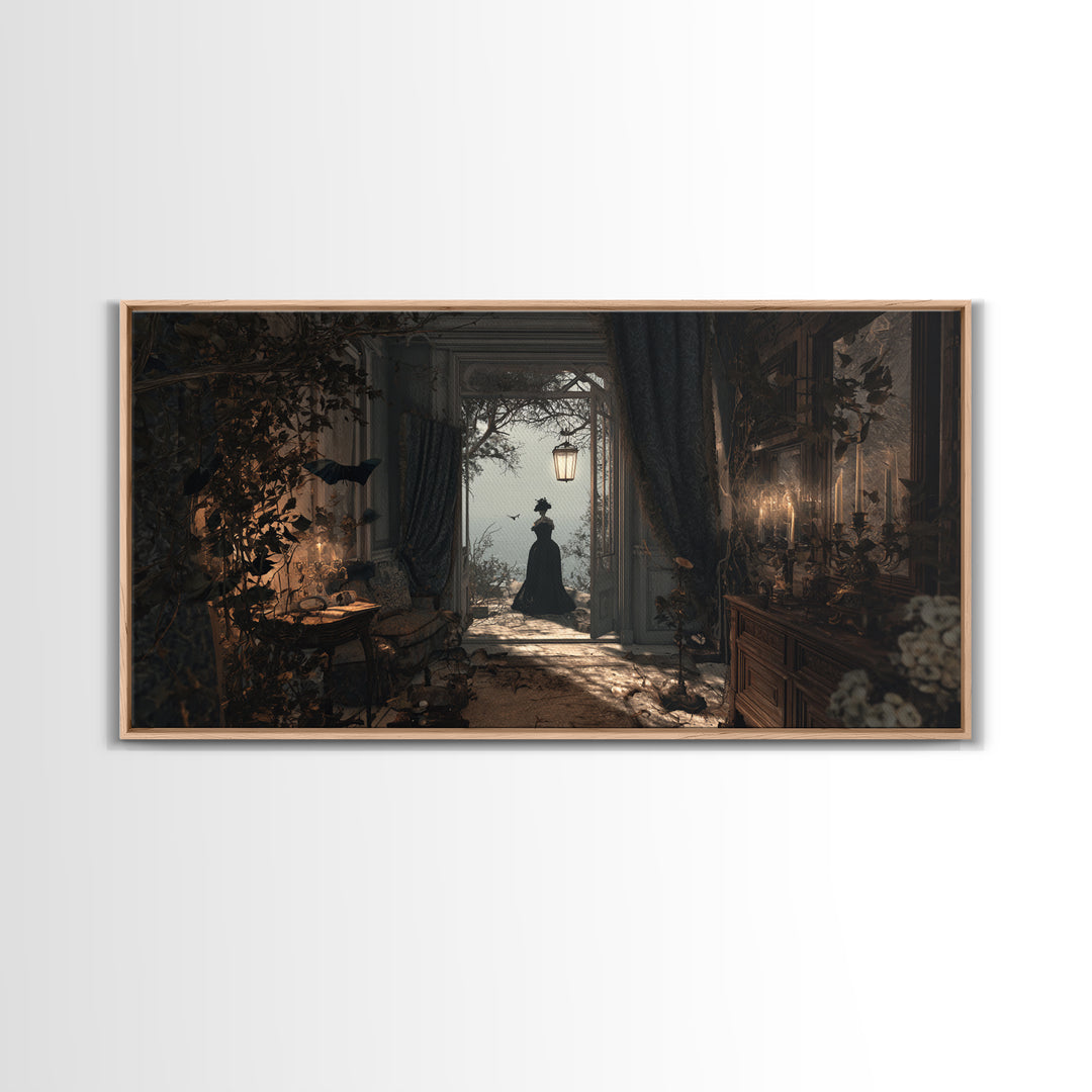 The Last House At The World'S Edge, Symbolist Gothic Landscape, Wide Panoramic Art, Dark Halloween Decor, Framed Canvas Print