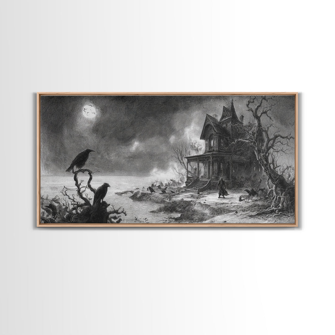 The Last House At The World'S Edge, Expressionist Nightmare Art, Wide Panoramic Art, Dark Halloween Decor, Framed Canvas Print