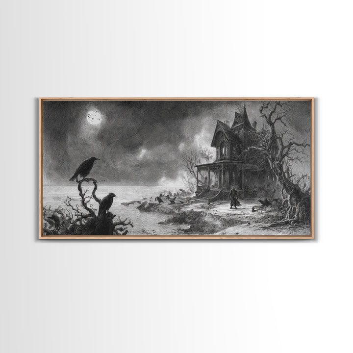The Last House At The World'S Edge, Expressionist Nightmare Art, Wide Panoramic Art, Dark Halloween Decor, Framed Canvas Print