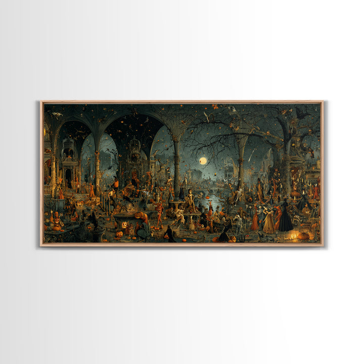 Halloween On Another Planet, Medieval Grotesque Art, Wide Panoramic Art, Gothic Horror Wall Art, Framed Canvas Print