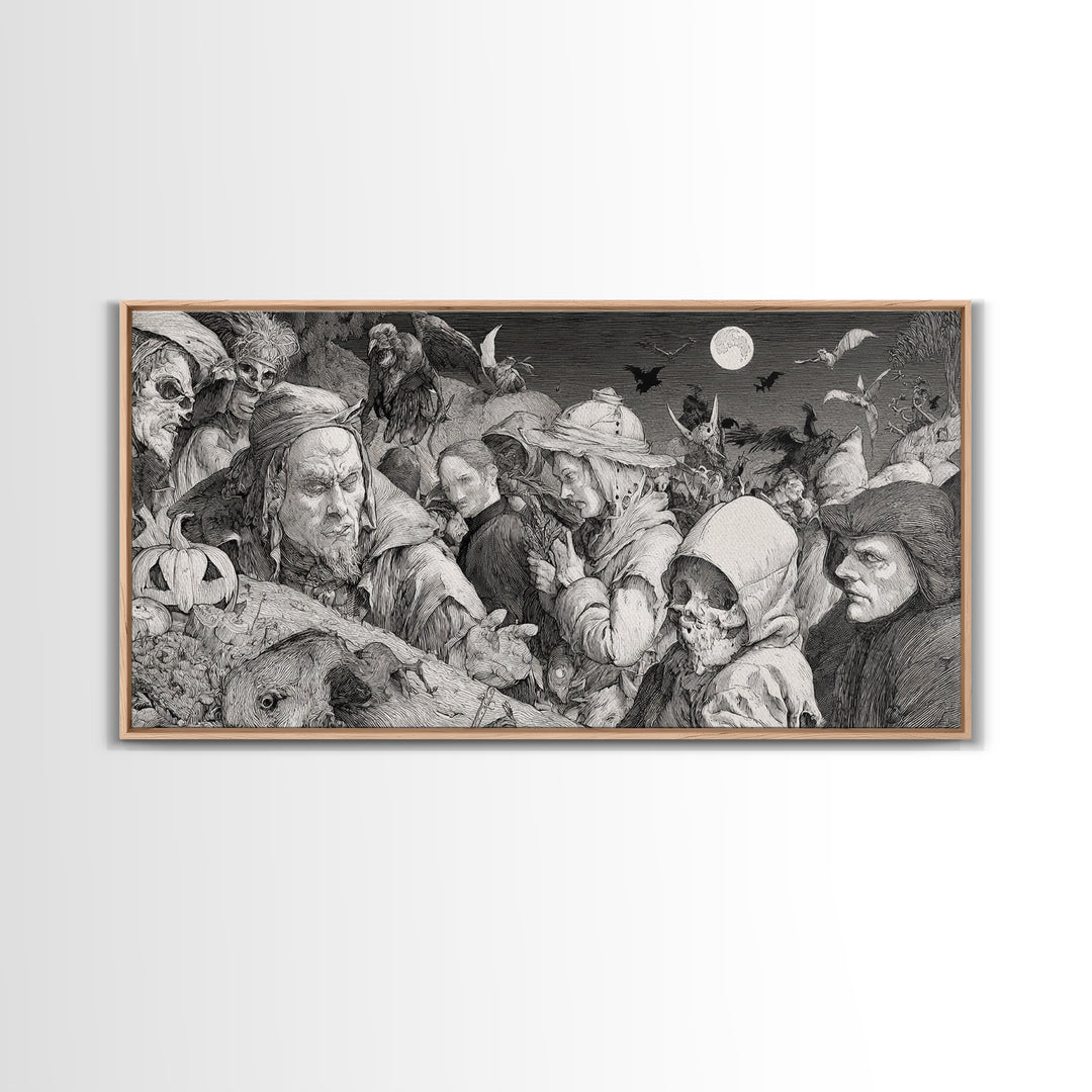 Halloween On Another Planet, Renaissance Engraving Art, Wide Panoramic Art, Dark Fantasy Wall Art, Framed Canvas Print, Halloween Wall Art