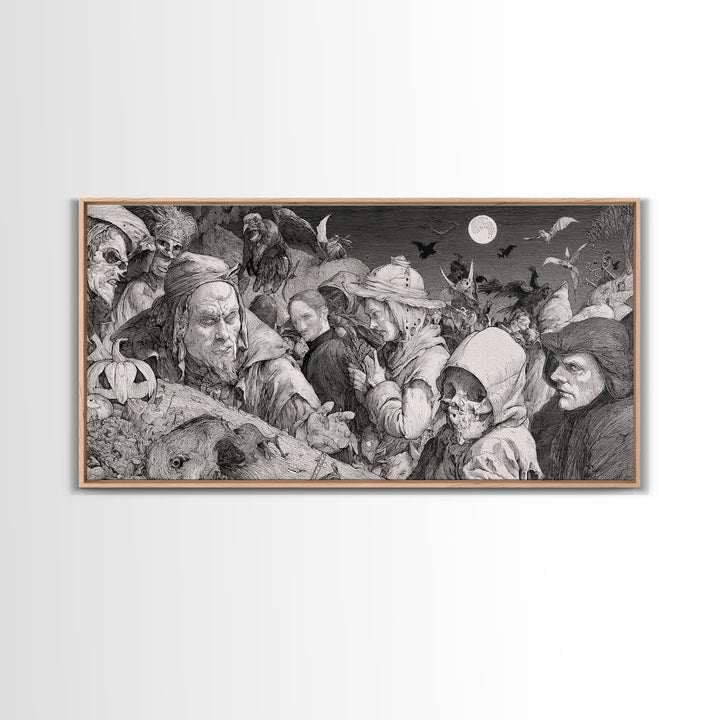 Halloween On Another Planet, Renaissance Engraving Art, Wide Panoramic Art, Dark Fantasy Wall Art, Framed Canvas Print, Halloween Wall Art