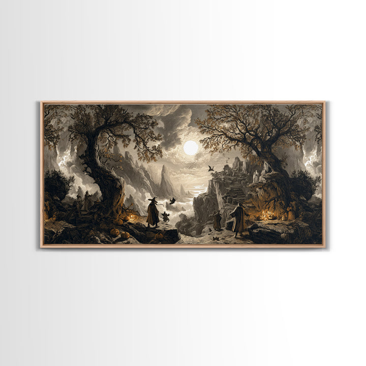 Halloween On Another Planet, Baroque Witchcraft Art, Wide Panoramic Art, Gothic Horror Wall Art, Framed Canvas Print, Halloween Wall Art