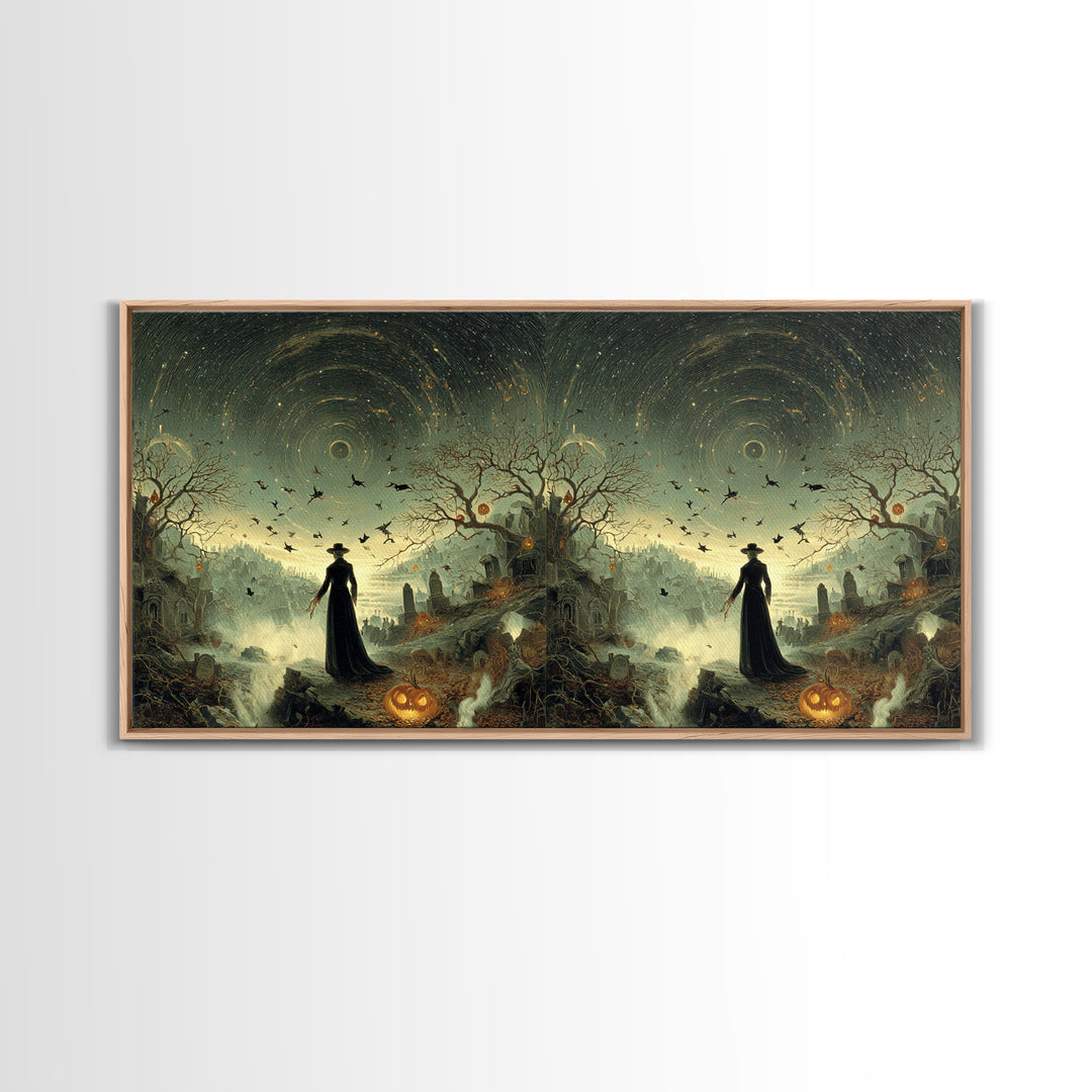 Halloween On Another Planet, Romantic Gothic Landscape, Wide Panoramic Art, Dark Fantasy Wall Art, Framed Canvas Print