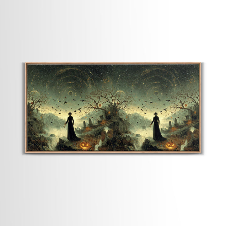 Halloween On Another Planet, Romantic Gothic Landscape, Wide Panoramic Art, Dark Fantasy Wall Art, Framed Canvas Print