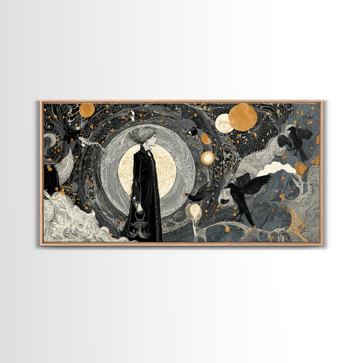 Halloween On Another Planet, Decadent Line Art, Wide Panoramic Art, Gothic Horror Wall Art, Canvas Print, Halloween Wall Art