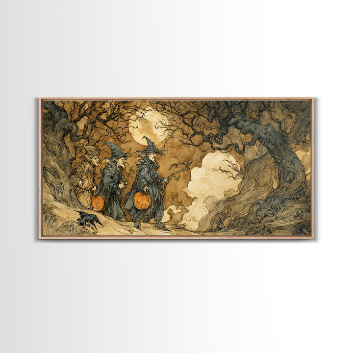 Halloween On Another Planet, Gothic Storybook Art, Wide Panoramic Art, Macabre Wall Art, Canvas Print, Halloween Wall Art